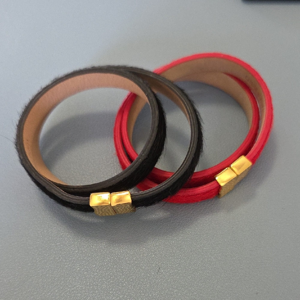 Rustic Cuff Black and Red Leather Bracelets with Magnetic Gold Accents